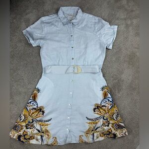 JOIE Linen Button Down Dress Belted Waist Blue Floral Printed Size Large